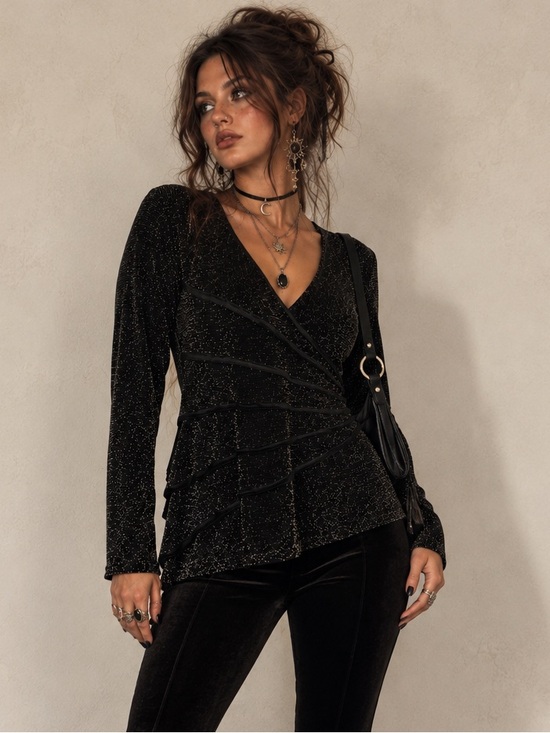 Tops - Black Metallic Ruffle Top XL Y2K Whimsigoth Witchy Goth Halloween Fairy Grunge